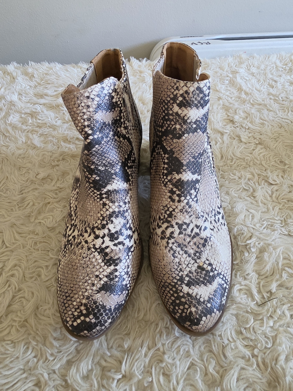 Qupid Snake-Print Ankle Boots in‎ Beige and Black